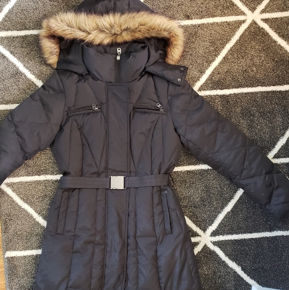 Long Puffer Jacket with Belt and Fur Lined Hood